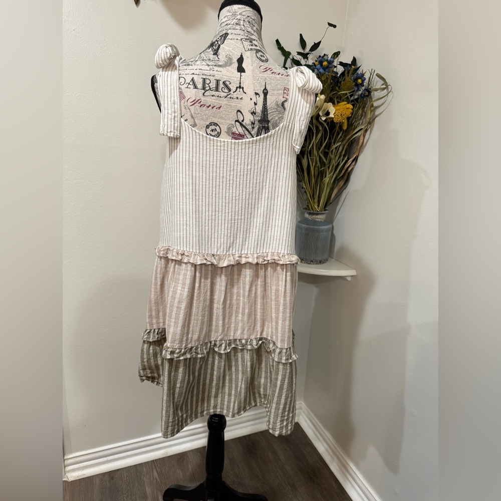 Mine CottageCore Boho Chic Striped Lined 100% Cotton Tunic Dress w/bow detail - Picture 5 of 9